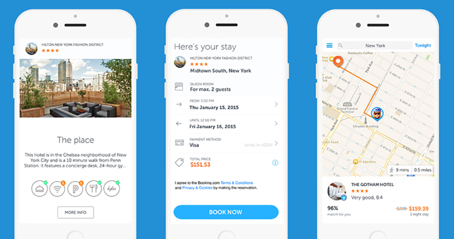 Infographic and UX of different screengrabs from the Booking.com app.